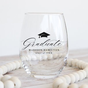 Elegantes Schwarzes Skript Graduate Name & Year Weinglas Ohne Stiel