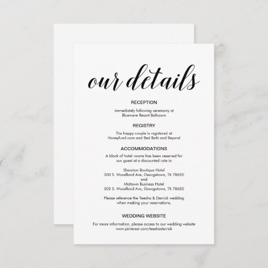 Elegantes schwarzes Skript, Informationen zu Hochz Begleitkarte (Vorne/Hinten)