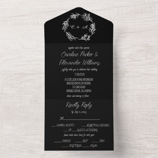 Elegantes Schwarzes Skript Modernes, einzigartiges All In One Einladung (Innen Boden)