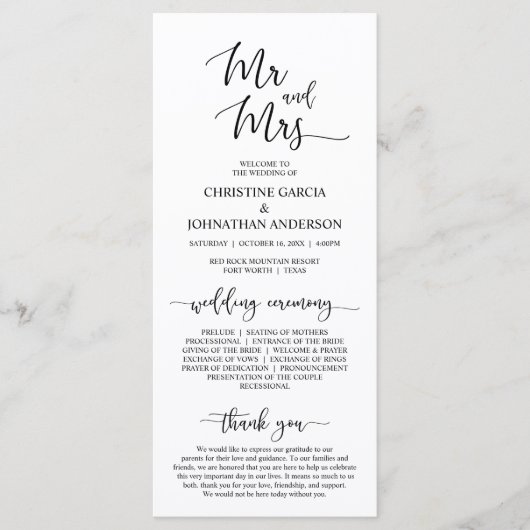 Elegantes Schwarzes Skript, Mr. und Mrs., Hochzeit Programm (Vorderseite)