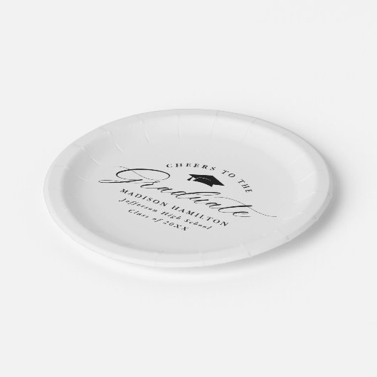 Elegantes schwarzes Skript ruft den Graduate an Pappteller (Schrägansicht)