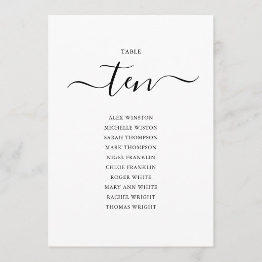 Elegantes Schwarzes Skript-Tischnummer 10 Seating  Einladung (Vorderseite)