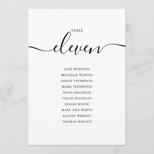 Elegantes Schwarzes Skript-Tischnummer 11 Seating Einladung (Vorderseite)