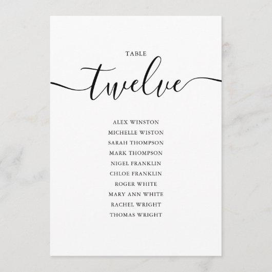 Elegantes Schwarzes Skript Tischnummer 12 Seating (Vorderseite)
