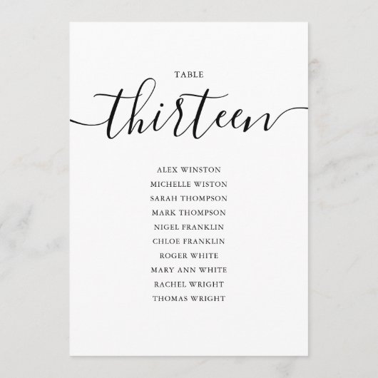 Elegantes Schwarzes Skript Tischnummer 13 Seating  (Rückseite)