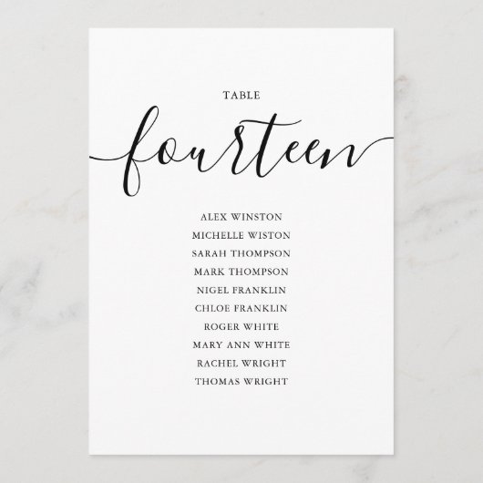 Elegantes Schwarzes Skript Tischnummer 14 Seating  (Rückseite)