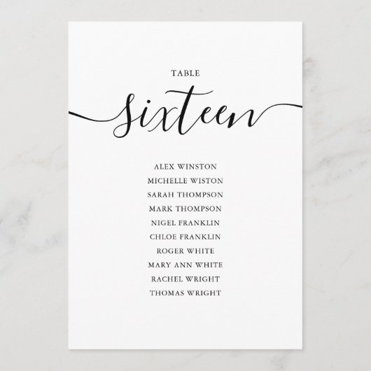 Elegantes Schwarzes Skript Tischnummer 16 Seating  (Rückseite)
