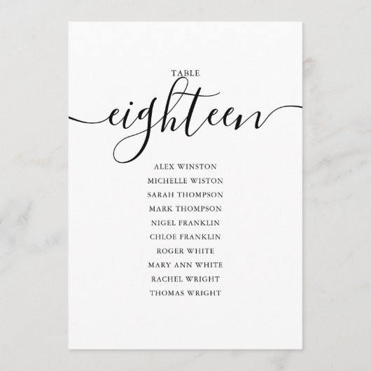 Elegantes Schwarzes Skript-Tischnummer 18 Seating Einladung (Rückseite)