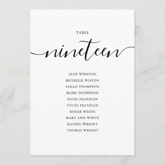Elegantes Schwarzes Skript-Tischnummer 19 Seating  Einladung (Vorderseite)