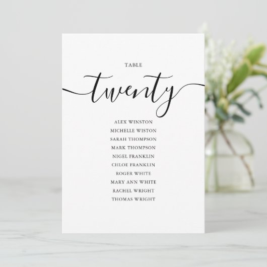 Elegantes Schwarzes Skript-Tischnummer 20-Seating  Einladung (Stehend Vorderseite)