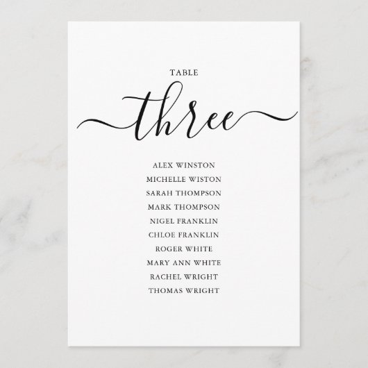 Elegantes Schwarzes Skript Tischnummer 3 Seating C (Vorderseite)