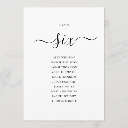 Elegantes Schwarzes Skript Tischnummer 6 Seating C (Rückseite)