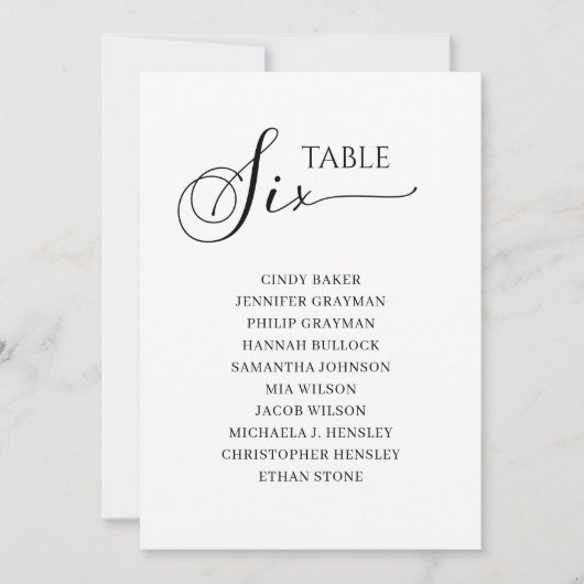 Elegantes Schwarzes Skript Tischnummer 6 Seating C (Vorderseite)