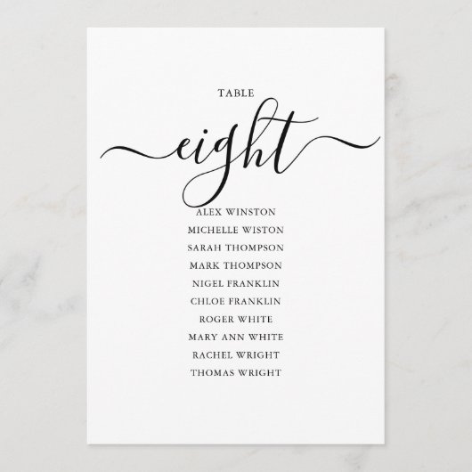 Elegantes Schwarzes Skript Tischnummer 8 Seating C (Vorderseite)