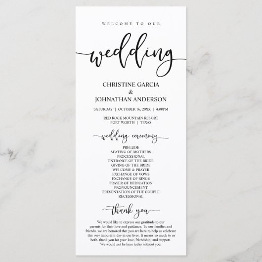 Elegantes schwarzes Skript, Unsere Hochzeitfeier Programm (Vorderseite)