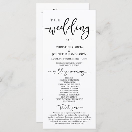 Elegantes schwarzes Skript, Unsere Hochzeitfeier Programm (Vorne/Hinten)