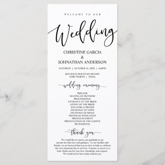 Elegantes schwarzes Skript, Unsere Hochzeitfeier Programm (Vorderseite)