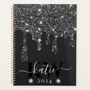 Elegantes schwarzes tropfendes Glitter-Monogramm Planer