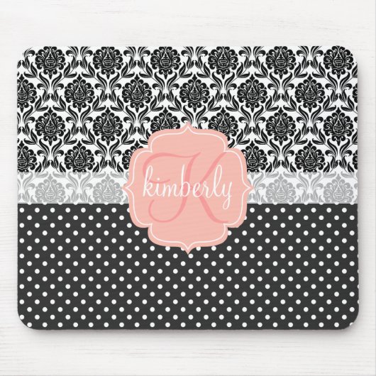 Elegantes schwarzes u. weißes Damast-Rosa-Girly Mousepad (Vorne)