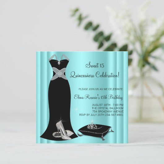 Elegantes Schwarzes und Aquamarines Blaues Quincea Einladung (Stehend Vorderseite)