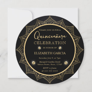 Elegantes schwarzes und goldenes Mandala Quinceane Einladung