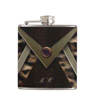 Elegantes schwarzes und goldenes Monogramm Leopard Flachmann
