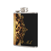 Elegantes schwarzes und goldenes Monogramm Leopard Flachmann (Links)