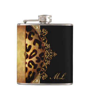 Elegantes schwarzes und goldenes Monogramm Leopard Flachmann