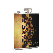 Elegantes schwarzes und goldenes Monogramm Leopard Flachmann (Rechts)