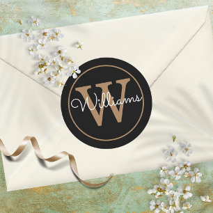 Elegantes schwarzes und goldenes Monogramm Name Runder Aufkleber