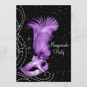 Elegantes Schwarzes und Lila Masquerade Party Einladung