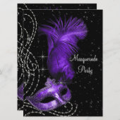 Elegantes Schwarzes und Lila Masquerade Party Einladung (Vorne/Hinten)