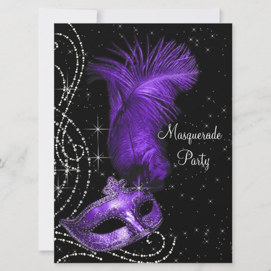 Elegantes Schwarzes und Lila Masquerade Party Einladung (Vorderseite)