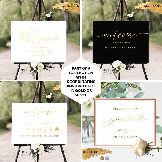 Elegantes Schwarzes und Real Foil Hochzeit Begrüßu Foliendrucke