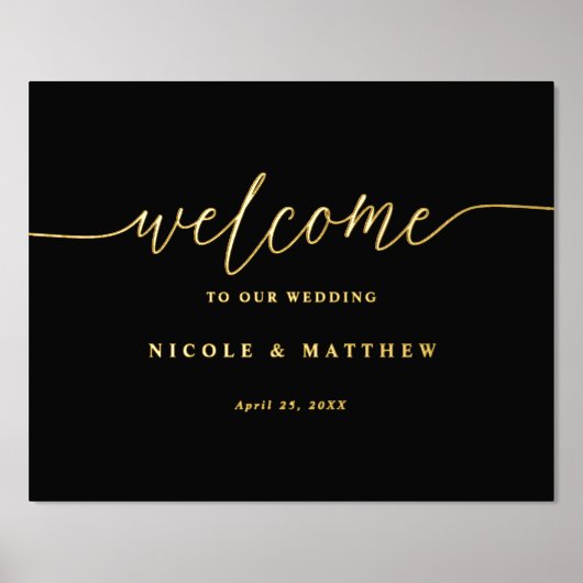 Elegantes Schwarzes und Real Foil Hochzeit Begrüßu Foliendrucke (Vorderseite)