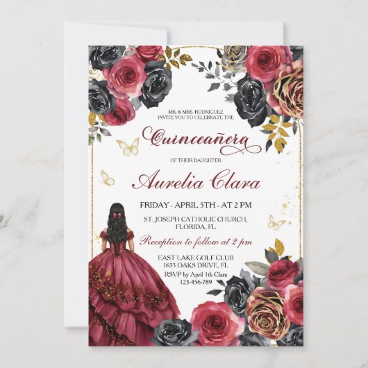 Elegantes Schwarzes und Rotes Quinceanera Einladung (Vorderseite)