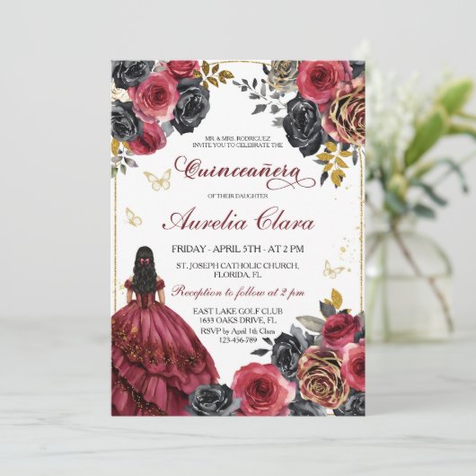 Elegantes Schwarzes und Rotes Quinceanera Einladung (Stehend Vorderseite)