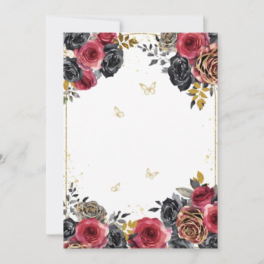 Elegantes Schwarzes und Rotes Quinceanera Einladung (Rückseite)