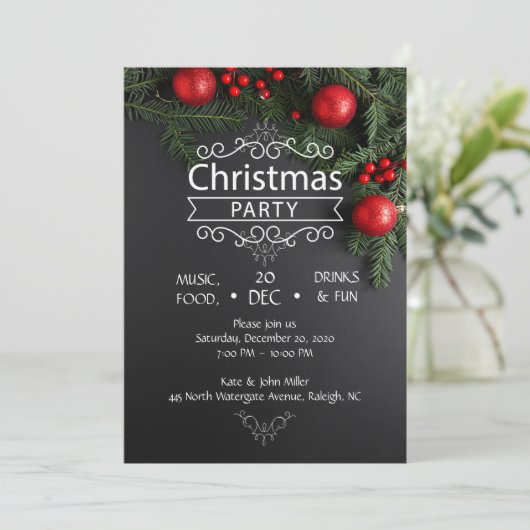 Elegantes Schwarzes und Rotes Weihnachtsfest-Party Einladung (Stehend Vorderseite)