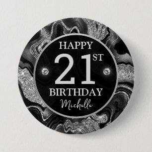 Elegantes schwarzes und silbernes Glitter-Achat-Ge Button