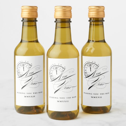 Elegantes Schwarzes und Weiß Neues Jahr Mini-Wine- Weinetikett (Flaschen)