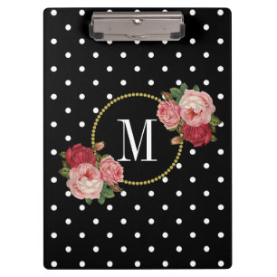Elegantes schwarzes Vintage-Rosa-Blumen-Punkte-Mon Klemmbrett