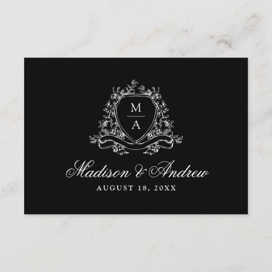 Elegantes Schwarzes Wappen Hochzeitsempfang Begleitkarte (Rückseite)