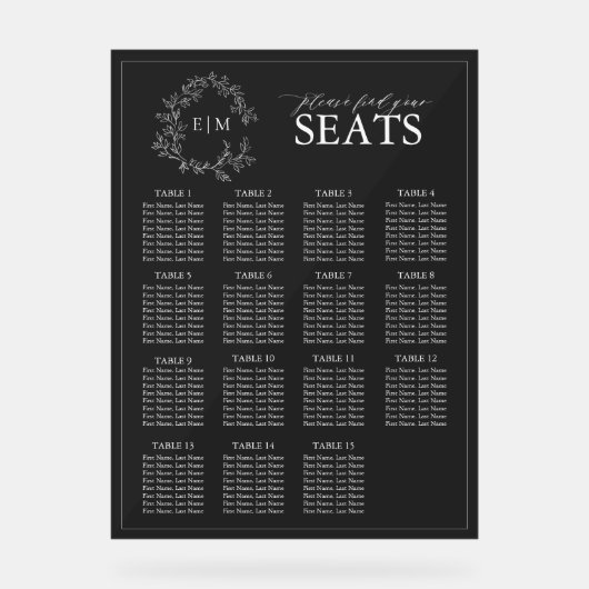 Elegantes Schwarzes Wappen Monogram Hochzeitssitze Acrylschild (Vorderseite)