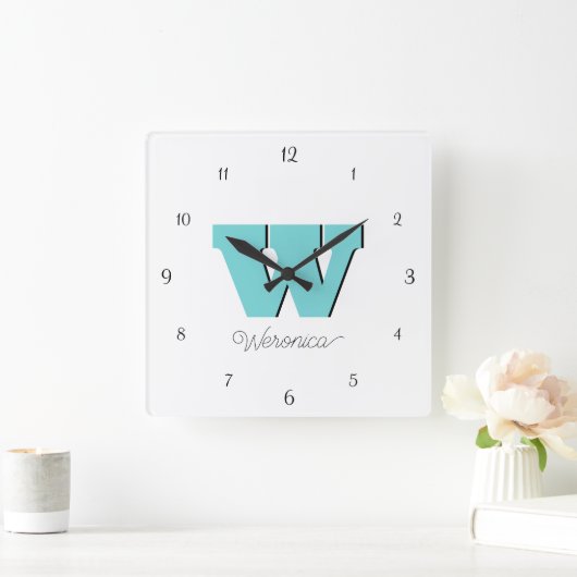 Elegantes Schwarzes Zahlenmaterial und Aquamarines Quadratische Wanduhr (Zuhause)