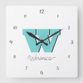 Elegantes Schwarzes Zahlenmaterial und Aquamarines Quadratische Wanduhr (Vorderseite)