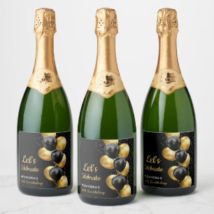 Elegantes Schwarzgold-Ballon-Chic-Geburtstags-Desi Schaumweinetikett