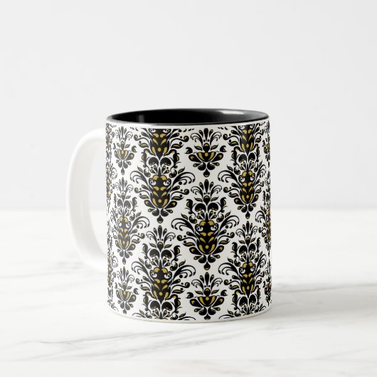 Elegantes Schwarzweiss mit Touch des Golddamastes Zweifarbige Tasse (Vorderseite Links)
