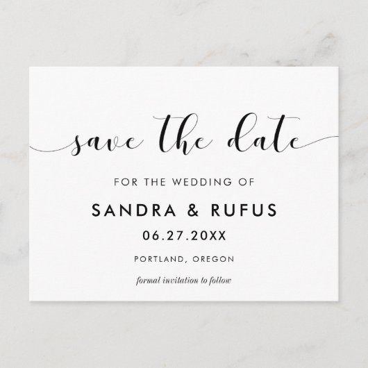 Elegantes Schwarzweiß Save the Date Postkarte (Vorderseite)