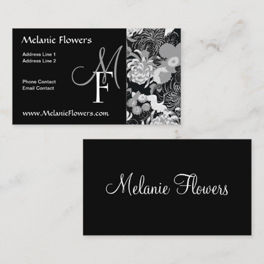Elegantes Schwarzweiß-Vintage Blume Monogramm Visitenkarte (Vorne/Hinten)